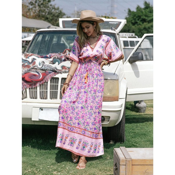 ❗️  Floral Print Trumpet Sleeve Split Thigh Tassel Waist maxi Dress boho pink - Picture 2 of 6